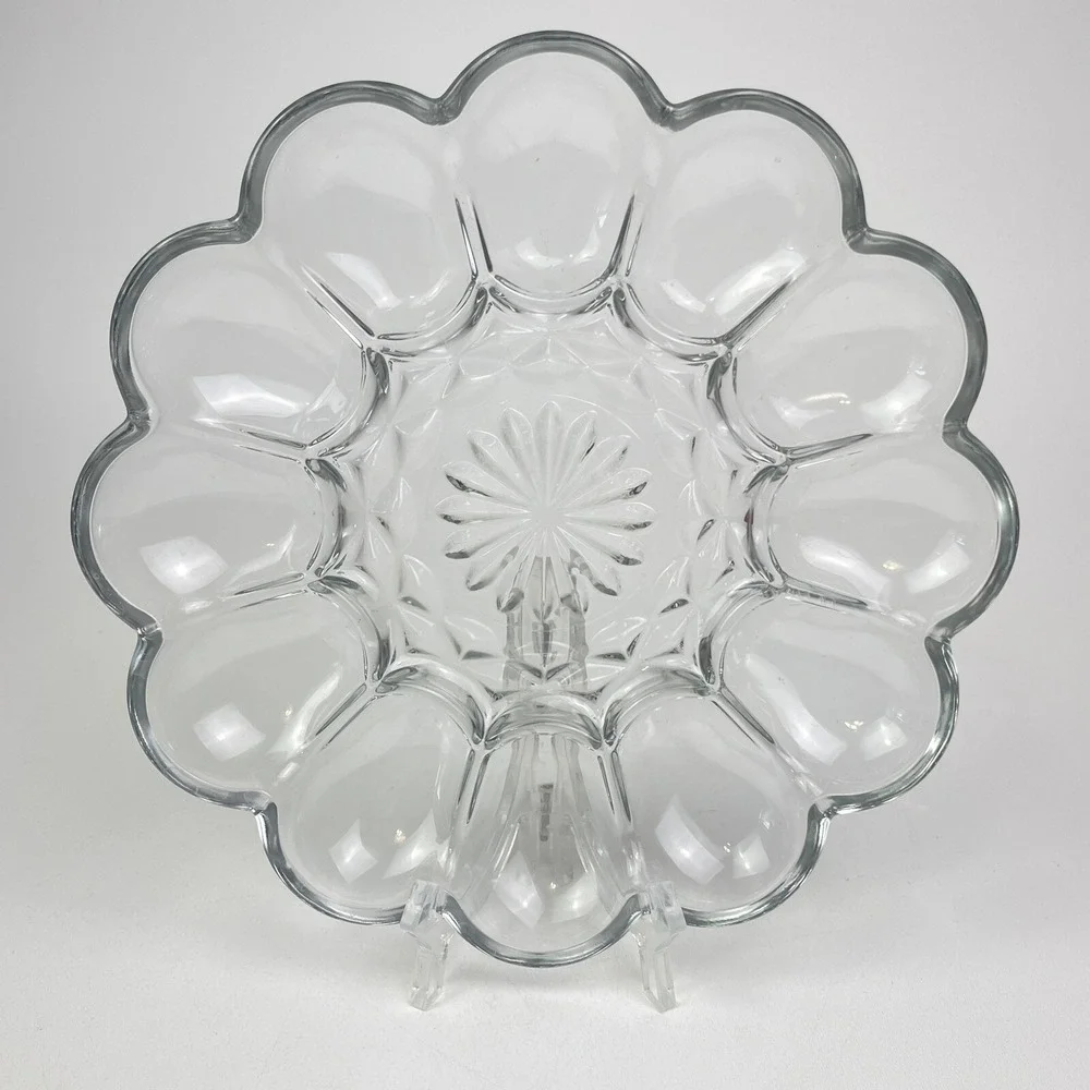 Vintage Anchor Hocking Fairfield Clear Deviled Egg Serving Dish Plate Platter